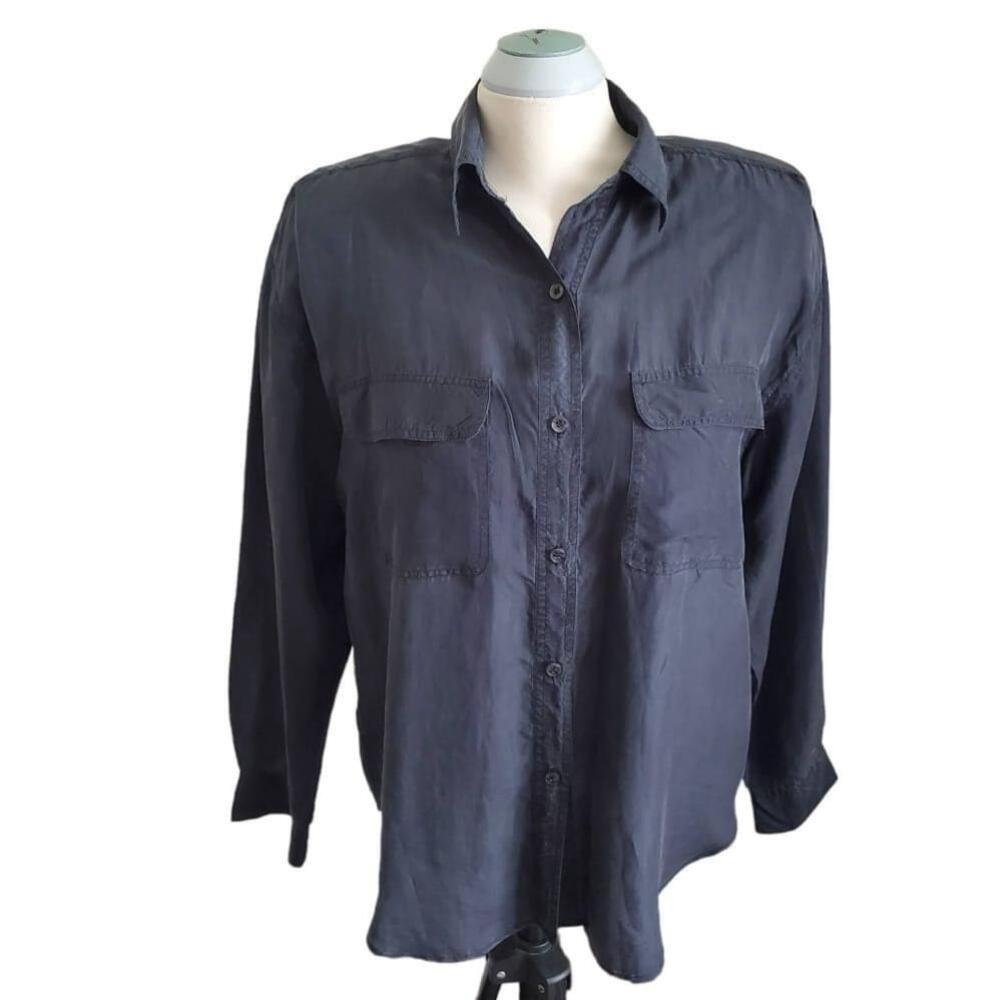 Casual Corner 100% Silk Dark Grey Button Up Shirt Size Medium